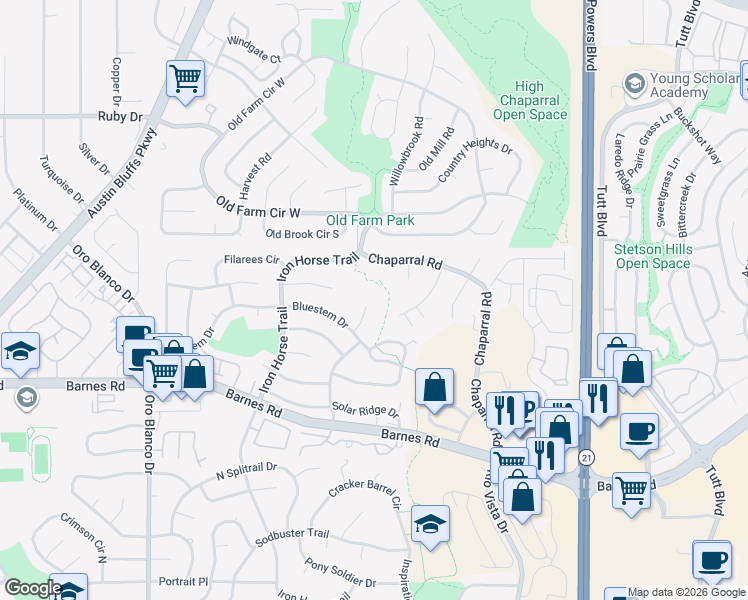 map of restaurants, bars, coffee shops, grocery stores, and more near 4633 Chicory Court in Colorado Springs