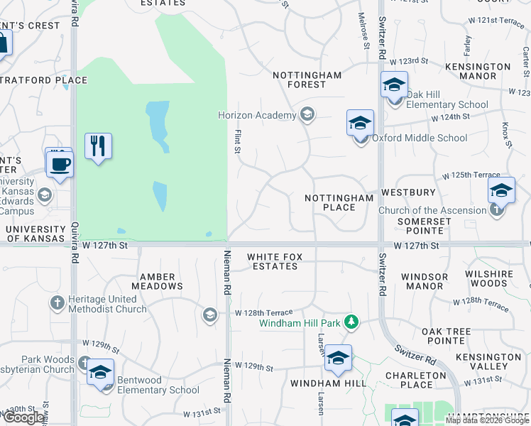 map of restaurants, bars, coffee shops, grocery stores, and more near 11005 West 126th Street in Overland Park