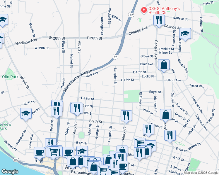 map of restaurants, bars, coffee shops, grocery stores, and more near 423 East 14th Street in Alton
