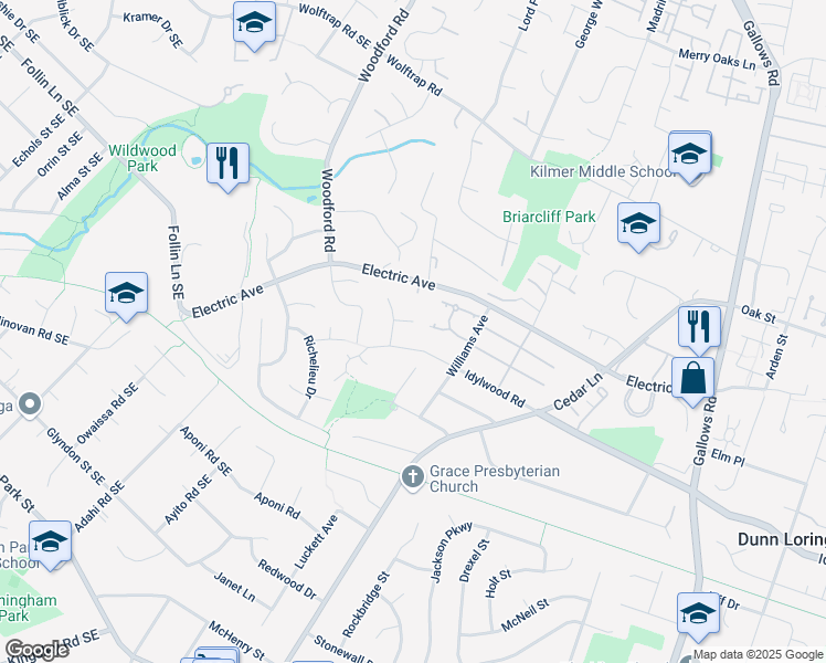 map of restaurants, bars, coffee shops, grocery stores, and more near 8425 Blevins Way Court in Vienna