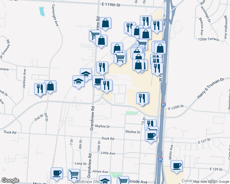 map of restaurants, bars, coffee shops, grocery stores, and more near 5316 Harry S Truman Drive in Grandview