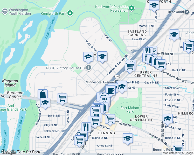 map of restaurants, bars, coffee shops, grocery stores, and more near 669 Parkside Place Northeast in Washington