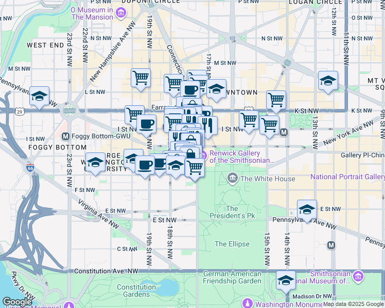 map of restaurants, bars, coffee shops, grocery stores, and more near 750 17th Street Northwest in Washington