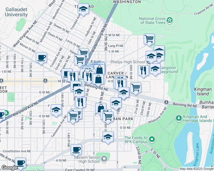 map of restaurants, bars, coffee shops, grocery stores, and more near 1701 H Street Northeast in Washington