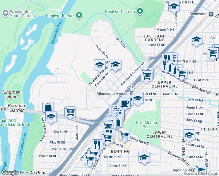 map of restaurants, bars, coffee shops, grocery stores, and more near 669 Parkside Place Northeast in Washington