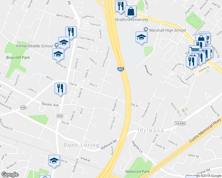 map of restaurants, bars, coffee shops, grocery stores, and more near 7902 Oak Street in Dunn Loring