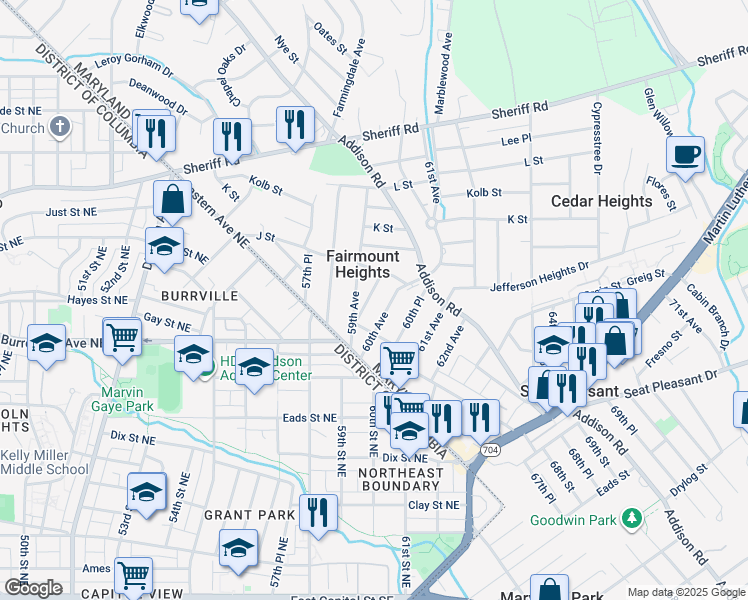 map of restaurants, bars, coffee shops, grocery stores, and more near 713 59th Place in Fairmount Heights