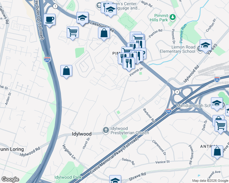 map of restaurants, bars, coffee shops, grocery stores, and more near 7613 Matera Street in Falls Church
