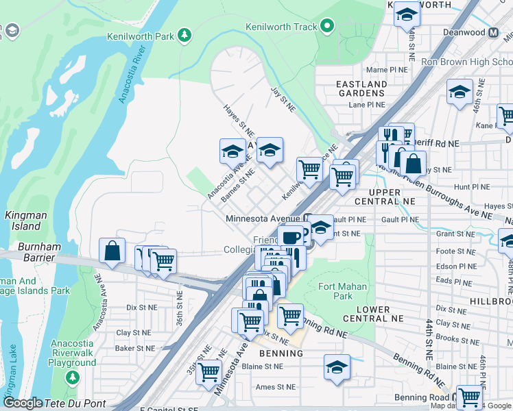 map of restaurants, bars, coffee shops, grocery stores, and more near Parkside Pl NE & Grant Pl NE in Washington