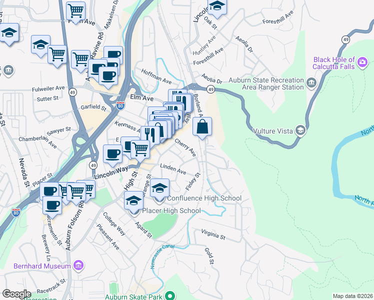 map of restaurants, bars, coffee shops, grocery stores, and more near 250 Cherry Avenue in Auburn