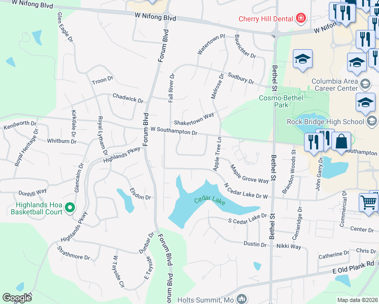 map of restaurants, bars, coffee shops, grocery stores, and more near 625 Pear Tree Circle in Columbia