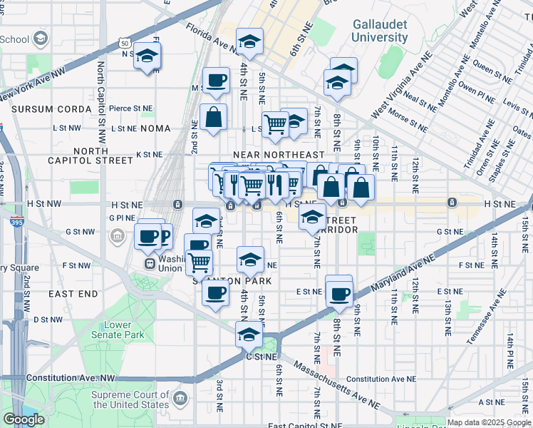 map of restaurants, bars, coffee shops, grocery stores, and more near 729 5th Street Northeast in Washington