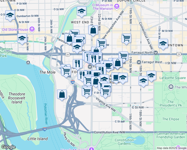 map of restaurants, bars, coffee shops, grocery stores, and more near 2223 H Street Northwest in Washington