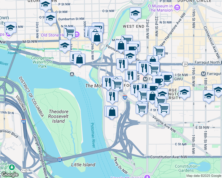 map of restaurants, bars, coffee shops, grocery stores, and more near 600 New Hampshire Avenue Northwest in Washington