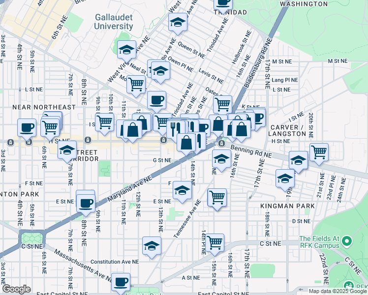 map of restaurants, bars, coffee shops, grocery stores, and more near 1365 H Street Northeast in Washington