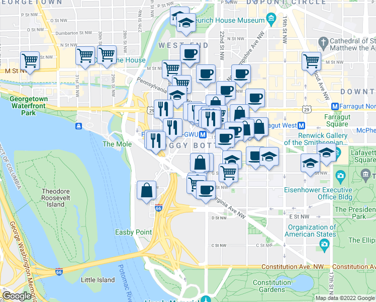 map of restaurants, bars, coffee shops, grocery stores, and more near 2401 H Street Northwest in Washington