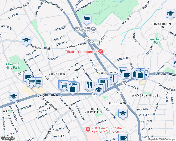 map of restaurants, bars, coffee shops, grocery stores, and more near 4830 24th Road North in Arlington