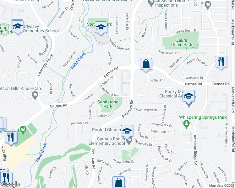 map of restaurants, bars, coffee shops, grocery stores, and more near 4615 Dapple Grey Lane in Colorado Springs