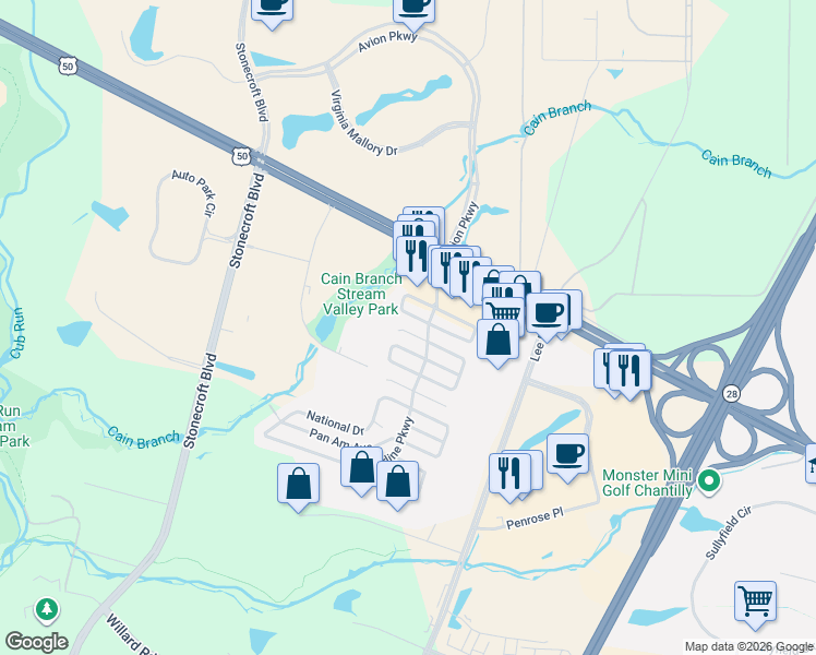 map of restaurants, bars, coffee shops, grocery stores, and more near 14610 Icelandic Place in Chantilly