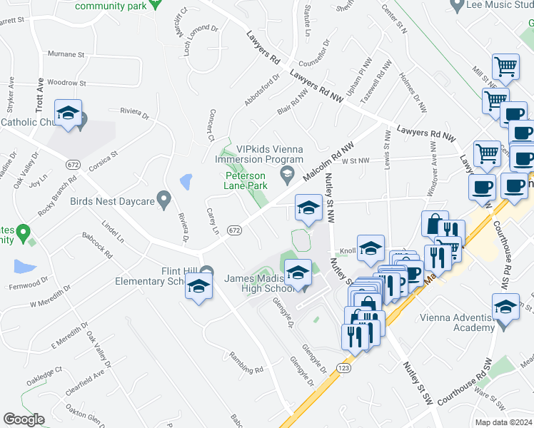 map of restaurants, bars, coffee shops, grocery stores, and more near 301 Valeview Court Northwest in Vienna
