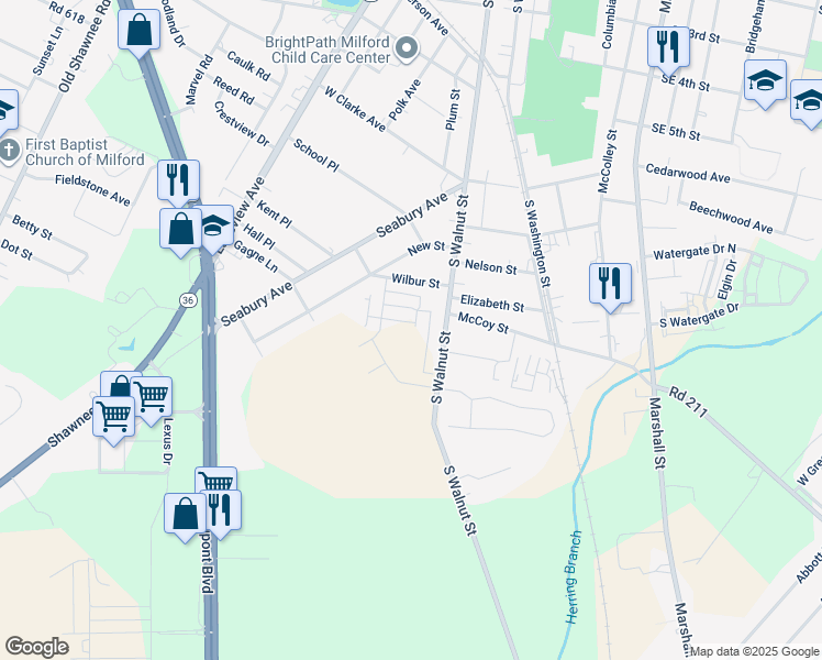 map of restaurants, bars, coffee shops, grocery stores, and more near 10967 Farmerfield Street in Milford