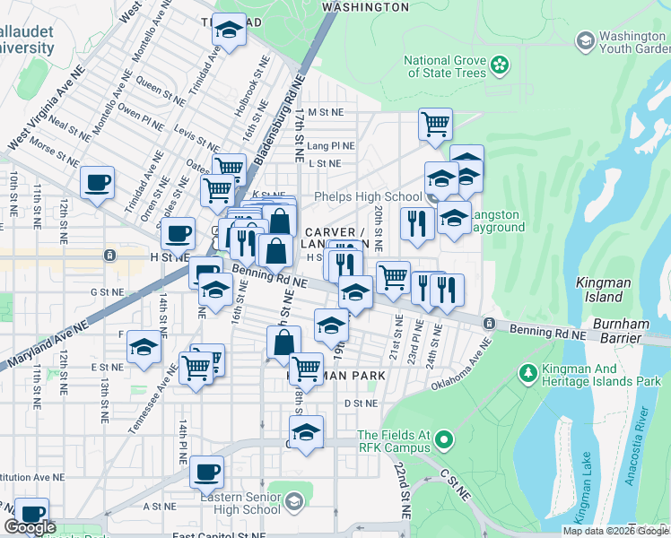 map of restaurants, bars, coffee shops, grocery stores, and more near 101 Independence Avenue Southeast in Washington