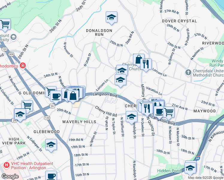 map of restaurants, bars, coffee shops, grocery stores, and more near 4321 Old Dominion Drive in Arlington