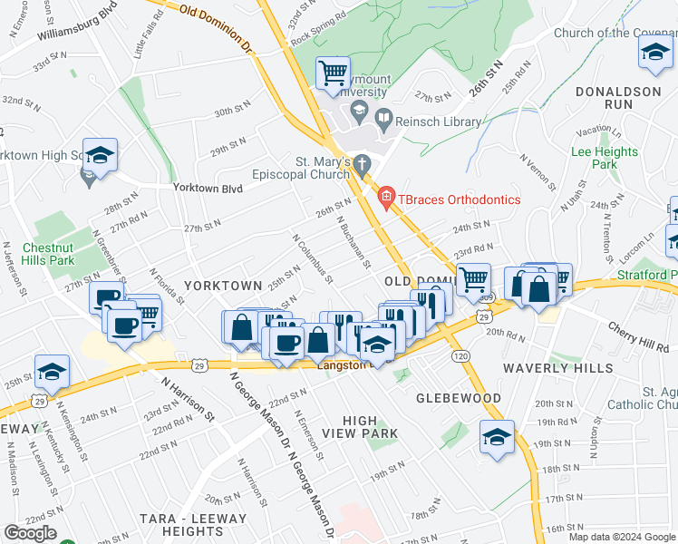 map of restaurants, bars, coffee shops, grocery stores, and more near 4830 24th Road North in Arlington