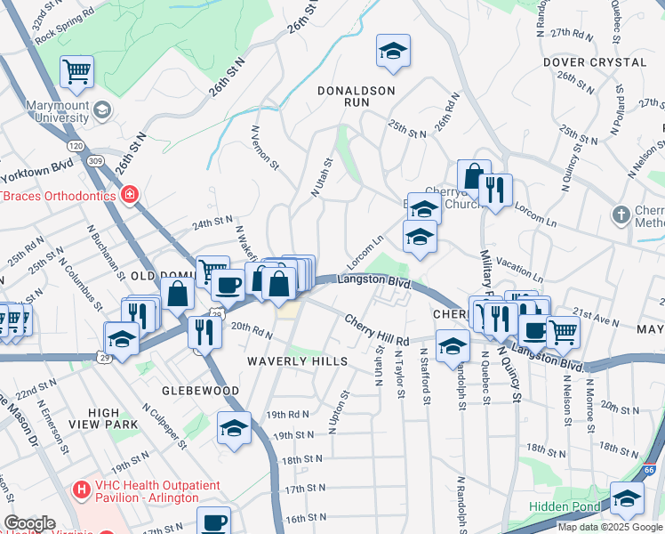 map of restaurants, bars, coffee shops, grocery stores, and more near 4389 Old Dominion Drive in Arlington