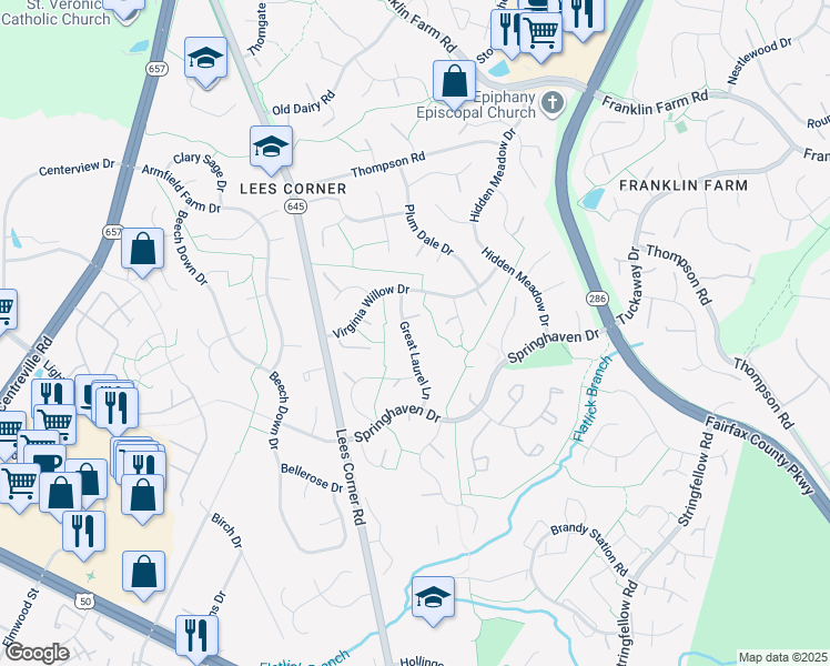 map of restaurants, bars, coffee shops, grocery stores, and more near 3613 Great Laurel Lane in Fairfax