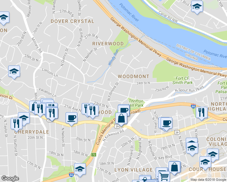 map of restaurants, bars, coffee shops, grocery stores, and more near 2847 Lorcom Lane in Arlington