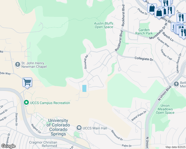 map of restaurants, bars, coffee shops, grocery stores, and more near 1750 Seclusion Point in Colorado Springs
