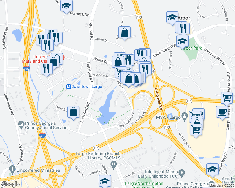 map of restaurants, bars, coffee shops, grocery stores, and more near 9709 Lake Point Court in Upper Marlboro