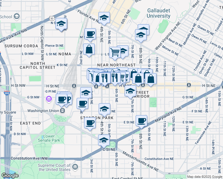 map of restaurants, bars, coffee shops, grocery stores, and more near 101 Independence Avenue Southeast in Washington
