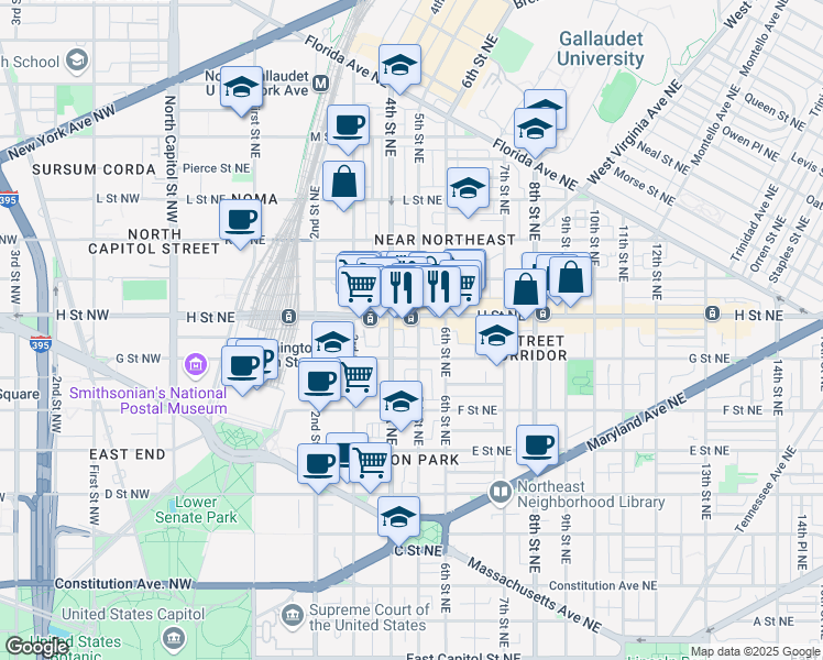 map of restaurants, bars, coffee shops, grocery stores, and more near 101 Independence Avenue Southeast in Washington