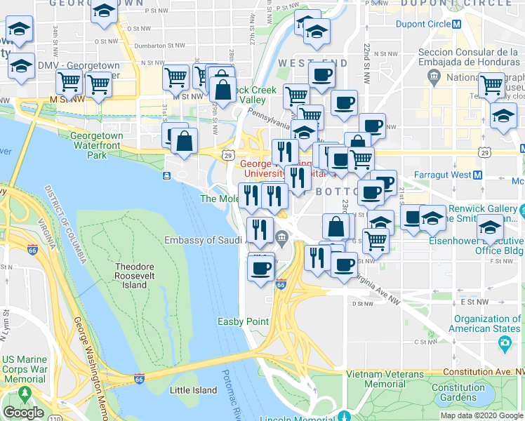 map of restaurants, bars, coffee shops, grocery stores, and more near 101 Independence Avenue Southeast in Washington
