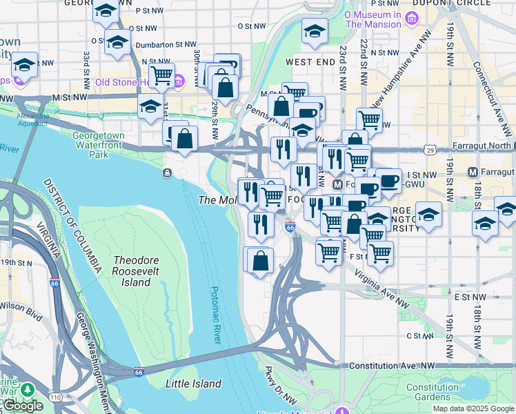 map of restaurants, bars, coffee shops, grocery stores, and more near 101 Independence Avenue Southeast in Washington