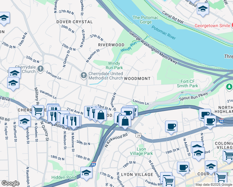 map of restaurants, bars, coffee shops, grocery stores, and more near 2847 Lorcom Lane in Arlington