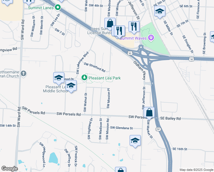map of restaurants, bars, coffee shops, grocery stores, and more near 507 Southwest Holloway Lane in Lee's Summit