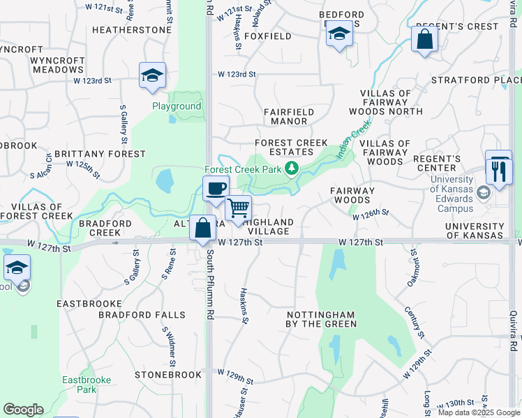 map of restaurants, bars, coffee shops, grocery stores, and more near 12617 Hauser Drive in Overland Park
