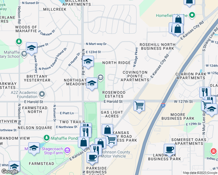 map of restaurants, bars, coffee shops, grocery stores, and more near 1415 East 125th Terrace in Olathe