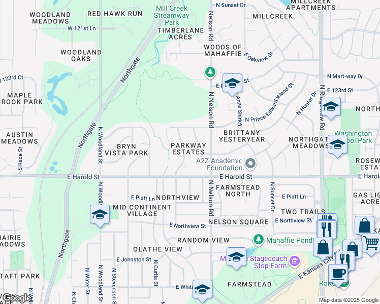 map of restaurants, bars, coffee shops, grocery stores, and more near 1115 North Cooper Street in Olathe