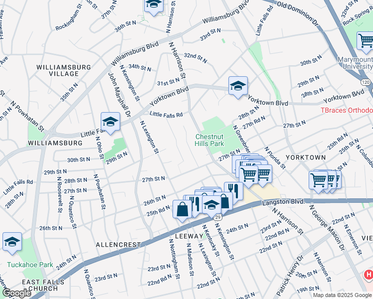 map of restaurants, bars, coffee shops, grocery stores, and more near 2728 North Jefferson Street in Arlington