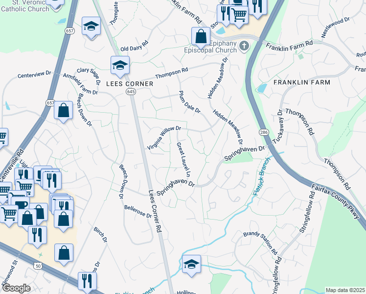 map of restaurants, bars, coffee shops, grocery stores, and more near 3613 Great Laurel Lane in Fairfax