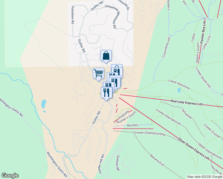 map of restaurants, bars, coffee shops, grocery stores, and more near 1349 Crested Butte Way in Crested Butte