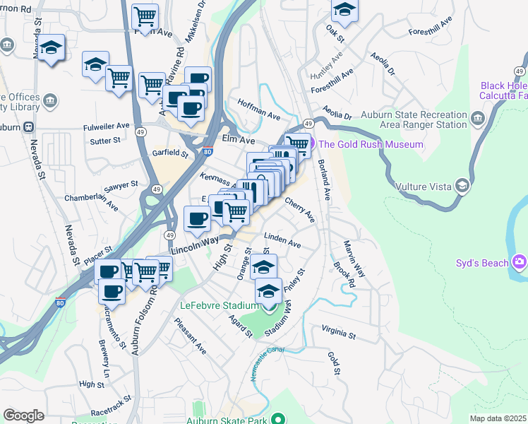 map of restaurants, bars, coffee shops, grocery stores, and more near 102 Hillmont Avenue in Auburn