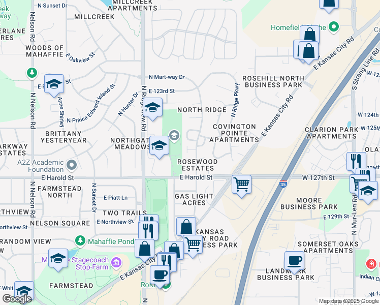 map of restaurants, bars, coffee shops, grocery stores, and more near 1419 East 125th Terrace in Olathe