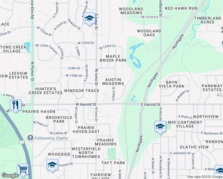 map of restaurants, bars, coffee shops, grocery stores, and more near 12635 South Race Street in Olathe