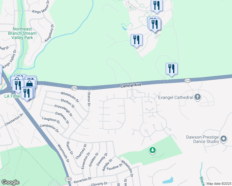map of restaurants, bars, coffee shops, grocery stores, and more near 4 Bowden Court in Upper Marlboro