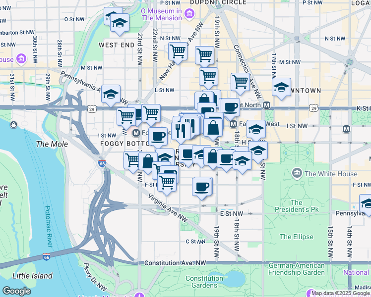 map of restaurants, bars, coffee shops, grocery stores, and more near 805 21st Street Northwest in Washington